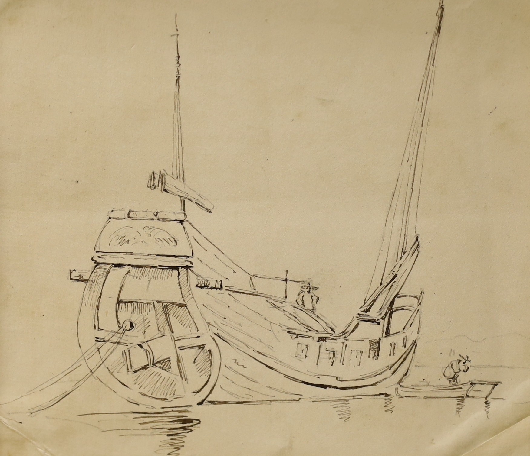 Manner of George Chinnery, three pen and ink drawings, largest 19 x 19cm, unframed